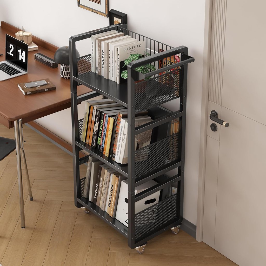 Librería metálica móvil de 3 niveles con ruedas – organización fácil