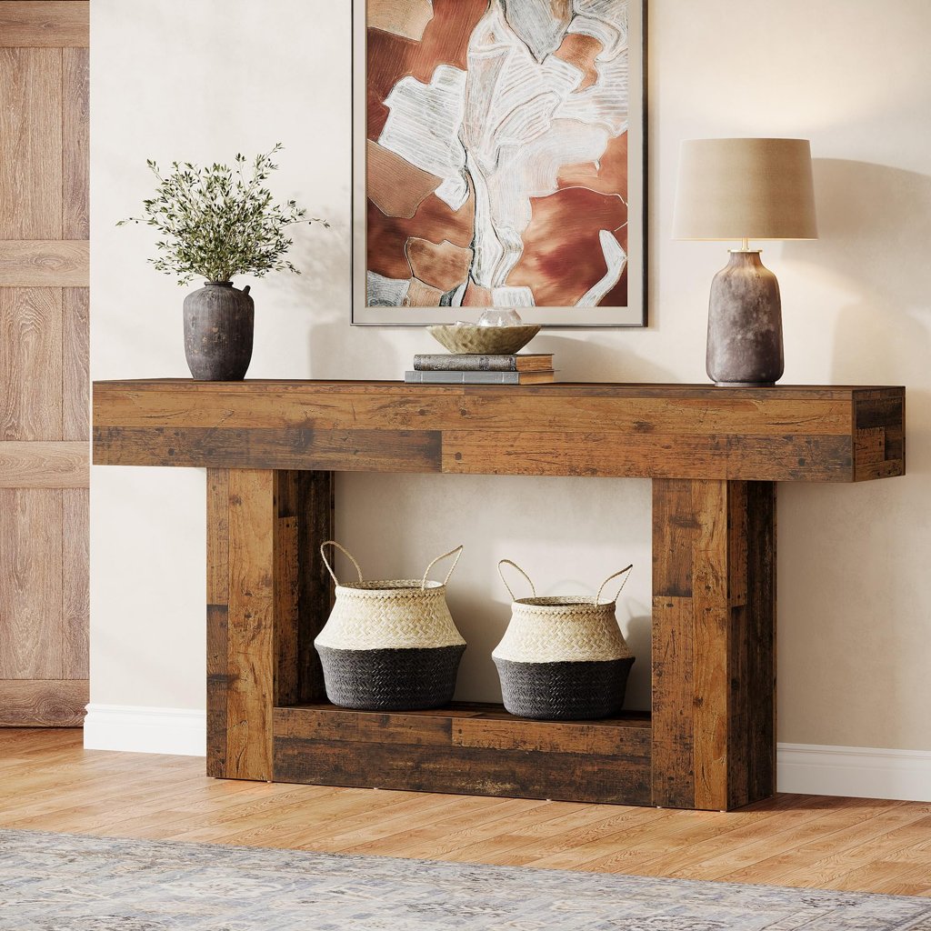 Mesa consola rústica de madera, diseño robusto y elegante