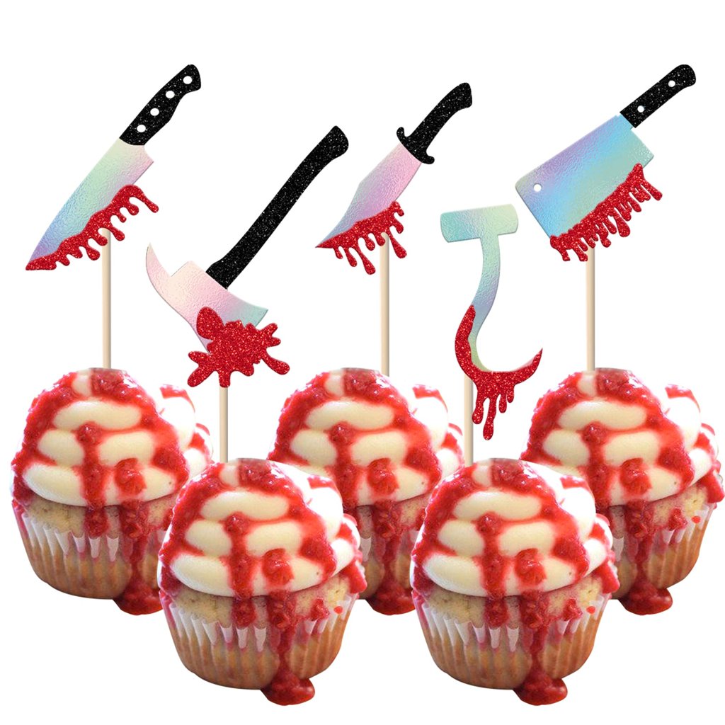 30 cuchillos de Halloween, decoración para tartas, purpurina, espeluznante, cuchillo sangriento, decoración pa