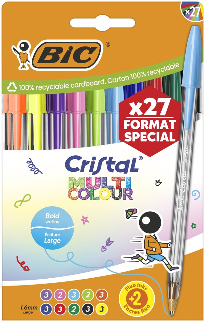 Pack de 27 bolígrafos BIC Cristal multicolores – escritura sin fin