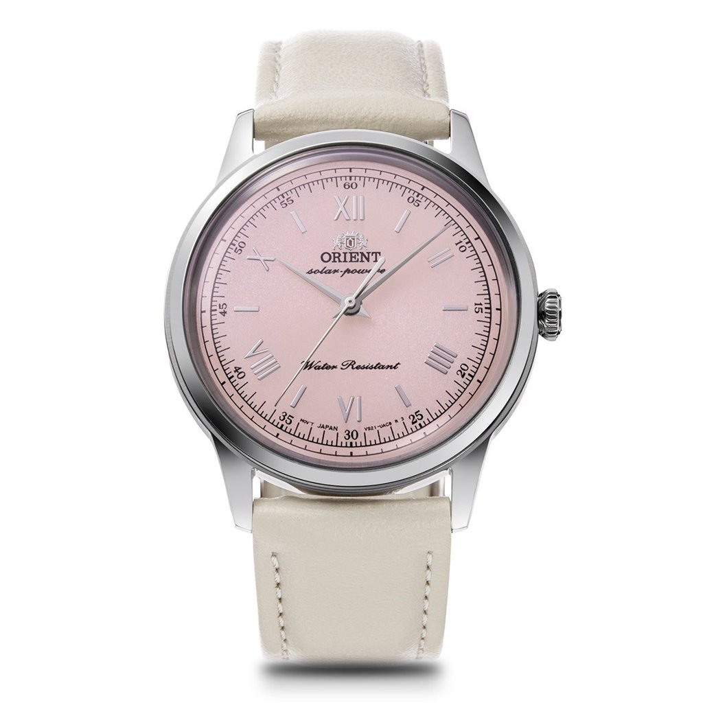 Reloj solar Orient Bambino 38 mm con esfera rosa y correa marfil