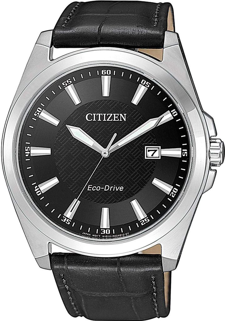 Reloj Citizen Eco‑Drive con cristal de zafiro y correa de cuero negro