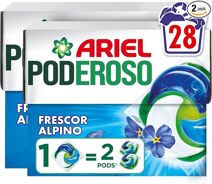 Ariel Pods PODEROSO Detergente lavadora capsulas, Frescor Alpino, Pack 2x14