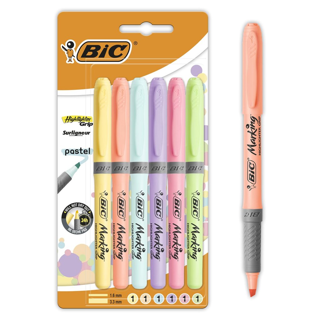 Pack de 6 subrayadores BIC Grip Pastel con punta regulable