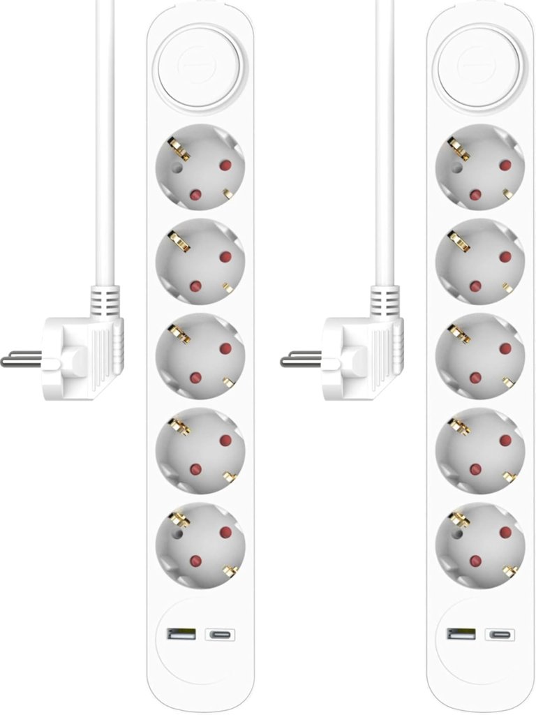 Pack de 2 regletas con 5 tomas, USB y USB‑C + cable de 1,5 m