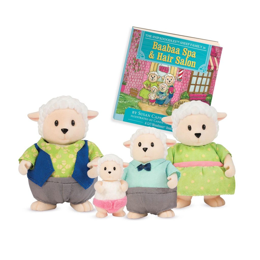 Li’l Woodzeez Familia ovina Snipadoodles, Set 4 Figuras con Libro Cuento
