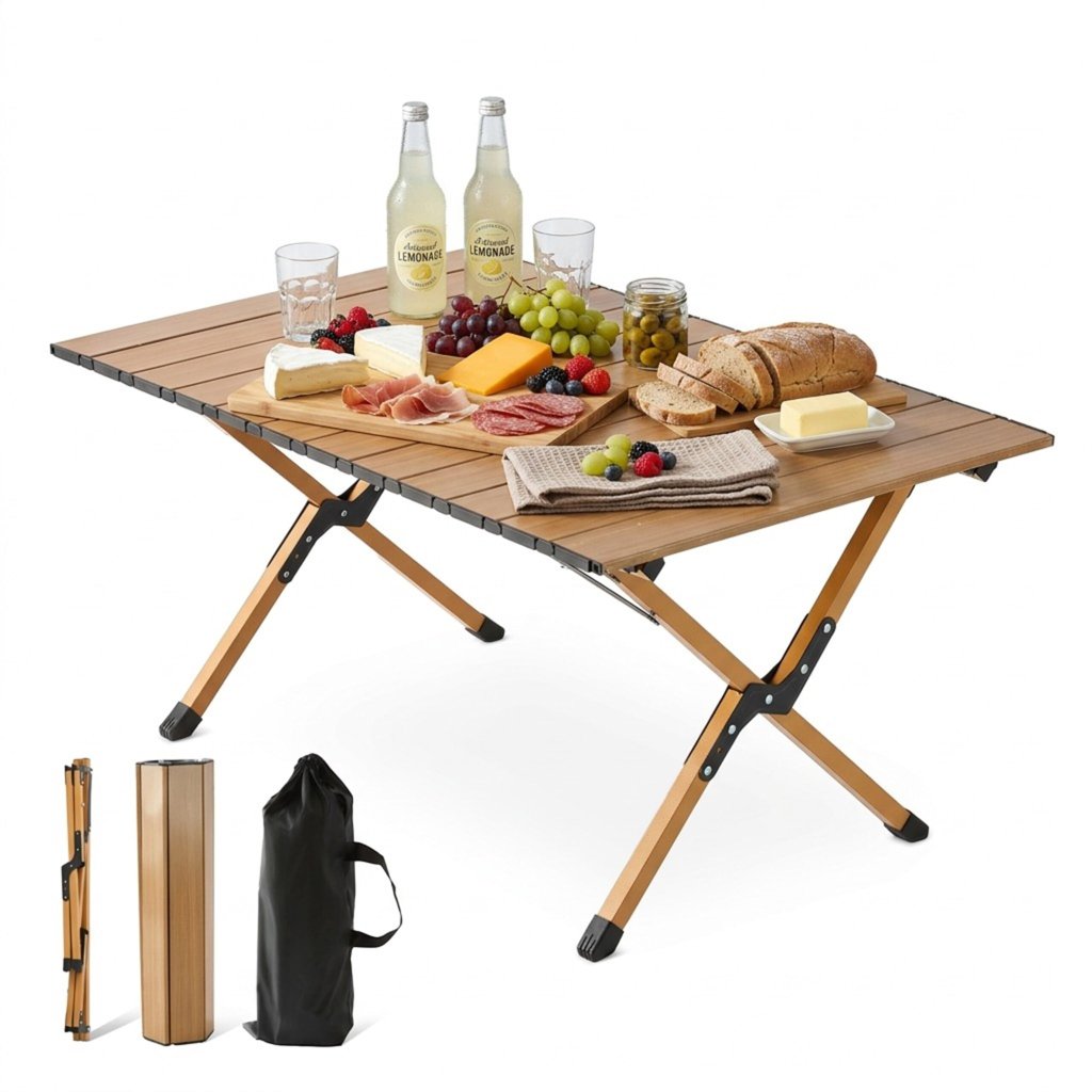 Mesa de camping plegable regulable con bolsa y acabado madera
