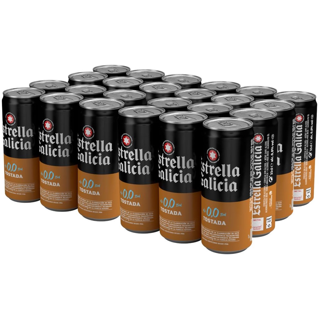 Cerveza Estrella Galicia 0,0 Tostada Pack 24x33 cl (Sin alcohol 0,0%, maltas tostadas, aroma a galleta y pan h