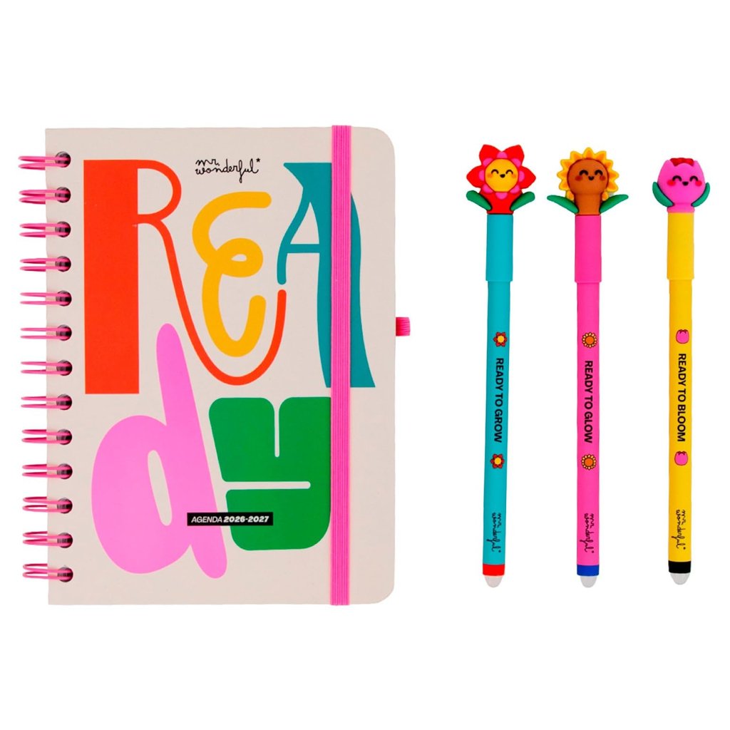 Set Mr. Wonderful: Agenda escolar 2026‑27 + 3 bolígrafos borrables