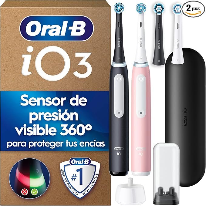 Oral-B iO 3 Cepillos de Dientes Eléctricos, Negro y Rosa, Pack de 2
