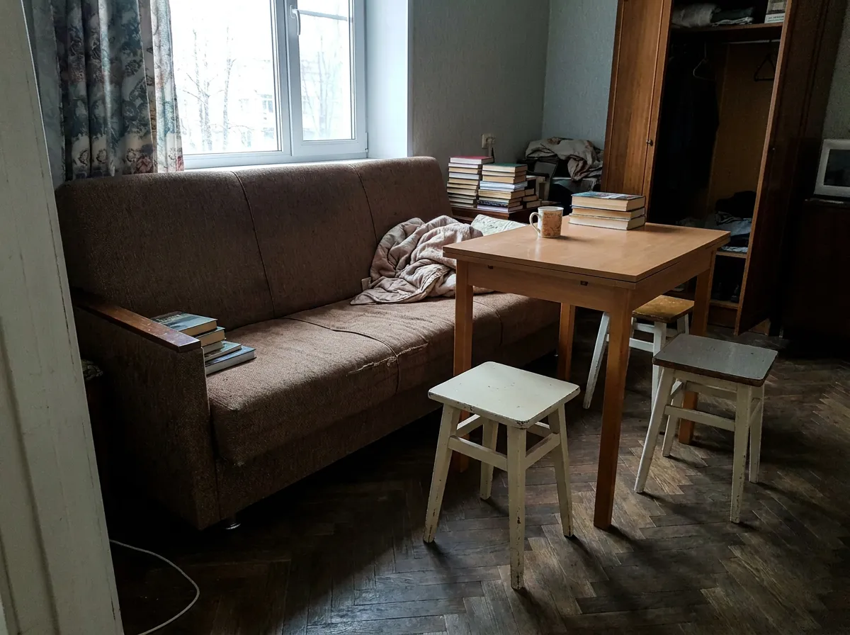 Sofá cama marrón, mesa de cocina y taburetes